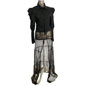 Long Lantern Sleeve Button-down Shirt Dress Mesh Patchwork Sheer Maxi Skirt SZ M